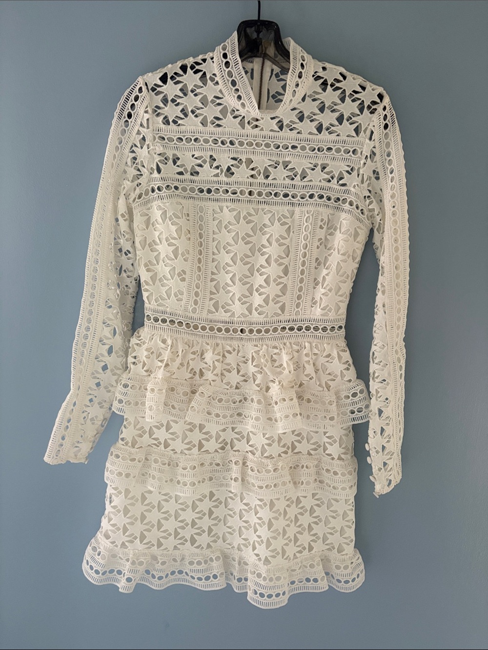 Self-Portrait White Long-Sleeve Eyelet Lace Peplum Mini Dress